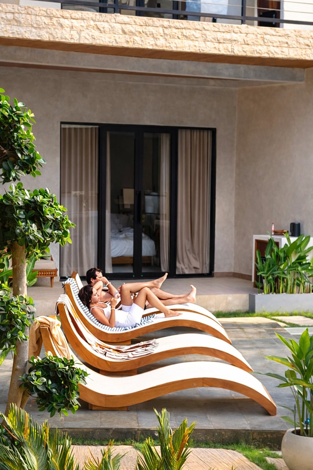 Guests relaxing on sunbeds at Bella Vida Resort Uluwatu